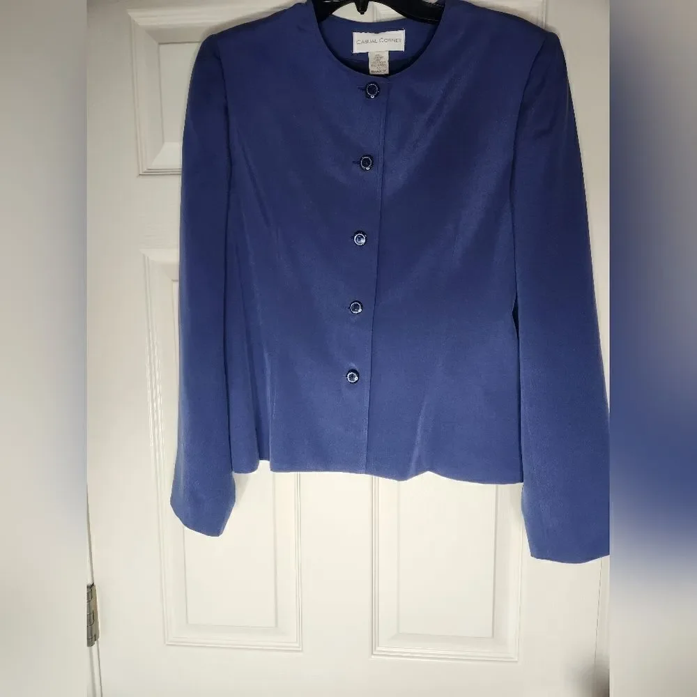 Casual Corner 10 BerryBlue 100% SILK Lined Lslv Buttons Up Women Blazer Cardigan